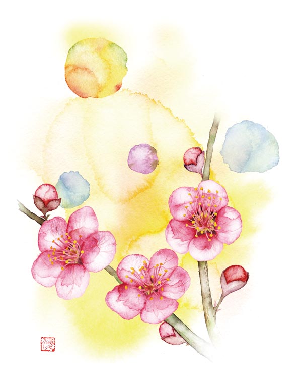 水彩画「梅の下の農夫」