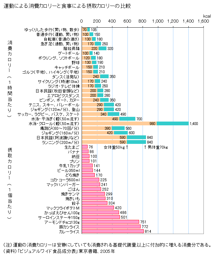 図録 運動による消費カロリーと食事による摂取カロリーの比較
